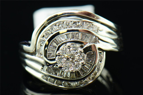 Diamond Flower Bridal Set Ladies 14K White Gold Round Engagement Wedding Ring