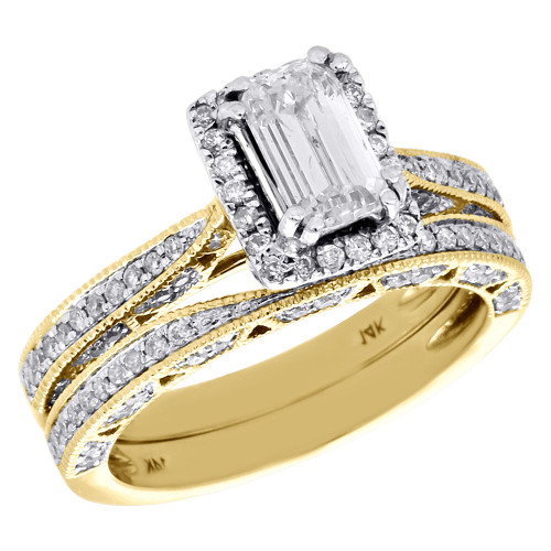 bague de fiançailles solitaire diamant émeraude en or jaune 14 carats, ensemble de mariée 1,73 ct.