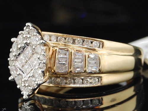 14K Yellow Gold Princess Round & Baguette Diamond Bridal Engagement Ring 0.82 Ct