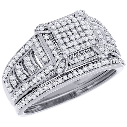 Diamond Engagement Wedding Ring 10K White Gold Round Cut Pave 1/2 Ct. Bridal Set