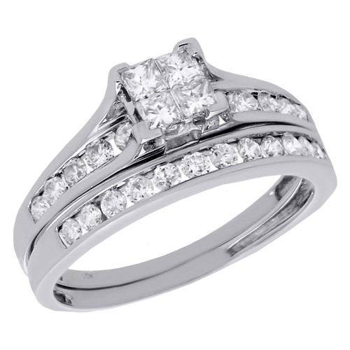 10K White Gold Princess Diamond Quad Set Engagement Ring Bridal Set 0.90 Ct.
