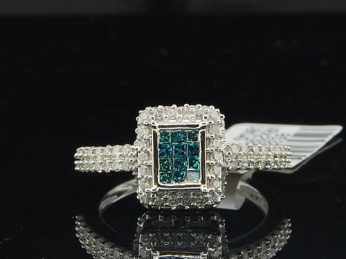 10k White Gold Blue Princess Cut Diamond Square Ladies Engagement Ring 0.88 Ct.