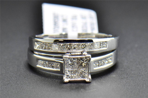 Set da sposa con diamanti, anello di fidanzamento in oro bianco 10k, taglio principessa, fede nuziale da 1 ct