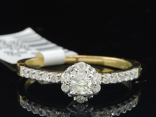 Damen-Solitär-Diamant-Verlobungsring aus 10 Karat Gelbgold mit Halo-Hochzeit und Brautset