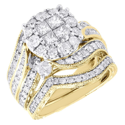 Diamond Bridal Set Ladies Yellow Gold Princess Engagement Wedding Ring 2.51 Ct.