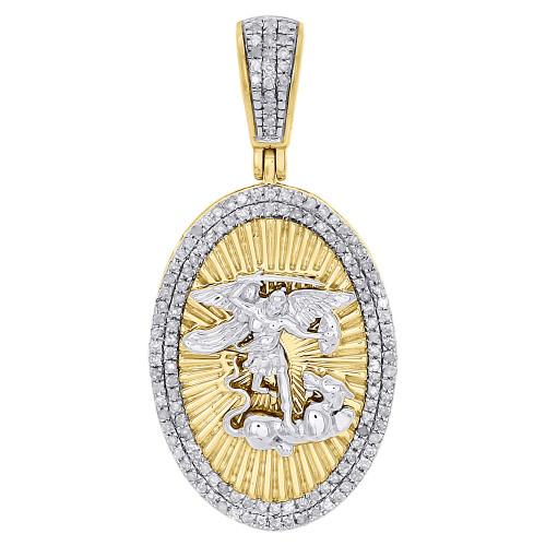 10K Yellow Gold Diamond Saint George Slaying Dragon Pendant Oval Charm 0.35 Ct.