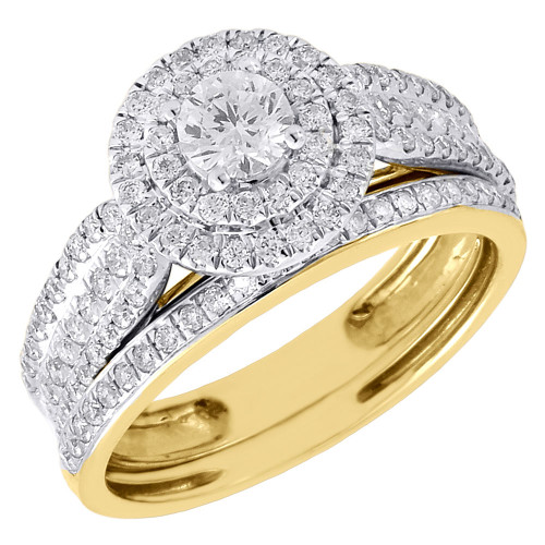 Diamant-Verlobungsring, Solitär-Halo-Hochzeits-Brautset aus 14 Karat Gelbgold, 1 Tcw