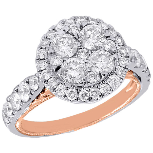 anillo de compromiso de diamantes genuinos en oro blanco y rosa de 14 k, halo de estilo antiguo de 2 qt.