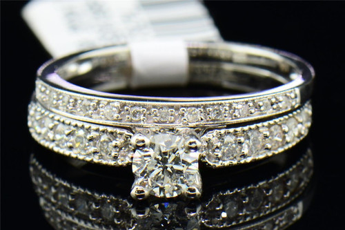 Ladies 14K White Gold Round Solitaire Diamond Engagement Ring Bridal Set .75 Ct.