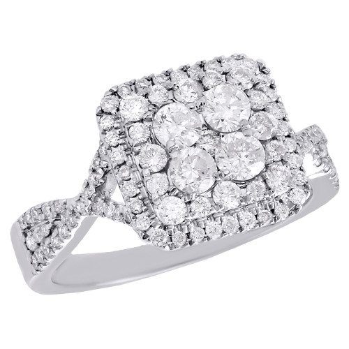 anello di fidanzamento con alone quadrato a strati in oro bianco 14k con diamanti e gambo diviso da 1 ct.