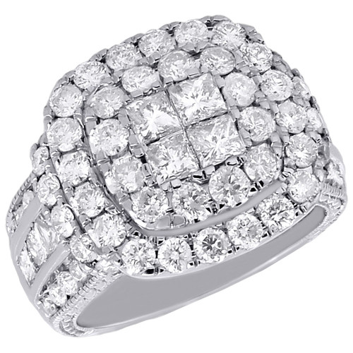 14K White Gold Princess & Round Cut Diamond Soleil Halo Engagement Ring 3.50 Ct.