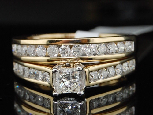 Ladies 14K Yellow Gold Princess Cut Diamond Enagement Ring Bridal Wedding Set