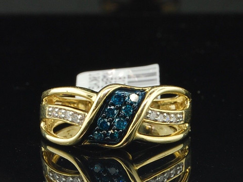 Ladies 10K Yellow Gold Blue Diamond Engagement Ring Wedding Band 0.20 Ct.