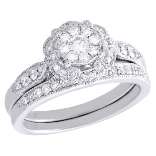 14K White Gold Diamond Bridal Set Halo Engagement Ring + Wedding Band 0.49 CT.