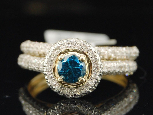 Ladies 14K Yellow Gold Blue Diamond Solitaire Engagement Ring Bridal Set 1.20 Ct