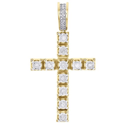 10K Yellow Gold Genuine Diamond 1 Row Prong Set Cross Pendant 1.8" Charm 3/4 CT.