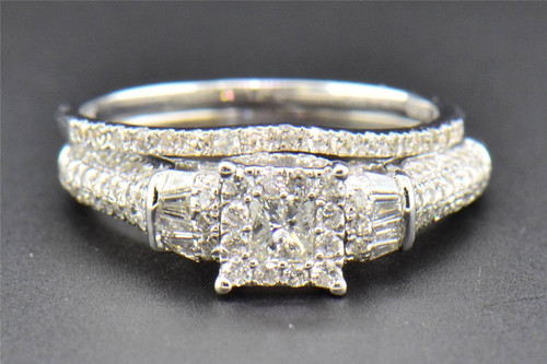 Princess Diamond Bridal Set Engagement Ring Wedding Band 14K White Gold 0.98 Ct
