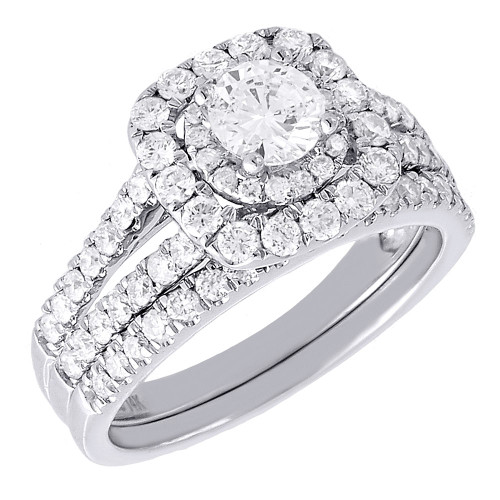 Bague de fiançailles solitaire diamant 14 carats en or blanc halo design ensemble nuptial 1,50 tcw