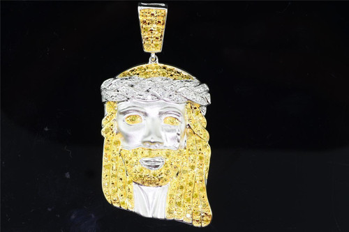 Yellow Diamond Jesus Face Pendant Sterling Silver White Finish Charm 0.55 Ctw.