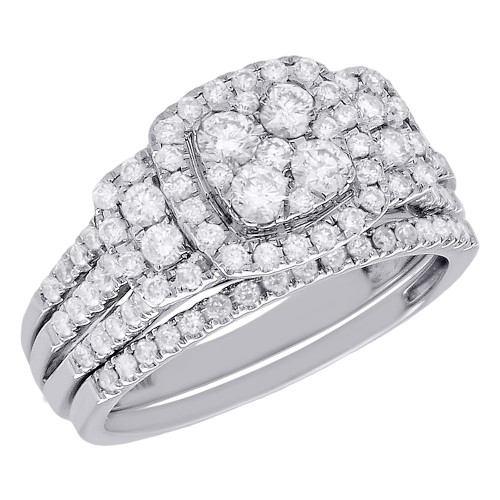 14 K Weißgold Damen-Ehering, runder Diamant, Halo, Verlobungsring, Brautset, 1 ct