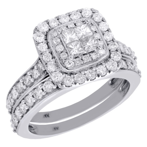 14-Karat-Weißgold-Prinzessin-Diamant-Doppel-Halo-Verlobungsring-Brautset mit 1,40 ct