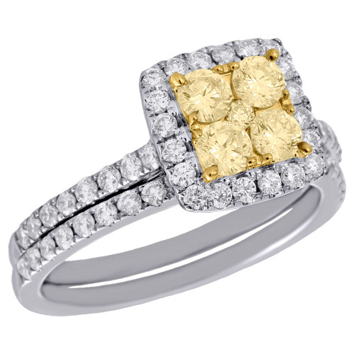 14K White Gold Natural Yellow Diamond Bridal Set Flower Engagment Ring 1.25 Ct.