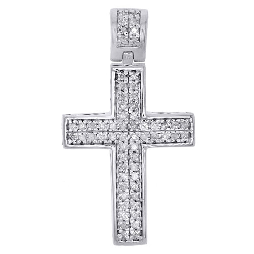 Real Diamond Cross Charm Sterling Silver White Finish 1.10" Dome Pendant 1/4 CT.