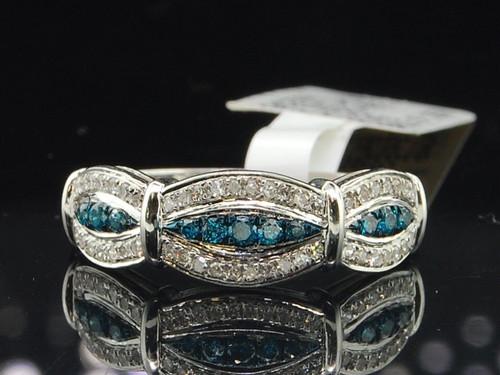 Ladies 10K White Gold Blue & White Diamond Engagement Ring Wedding Band .33 Ct.