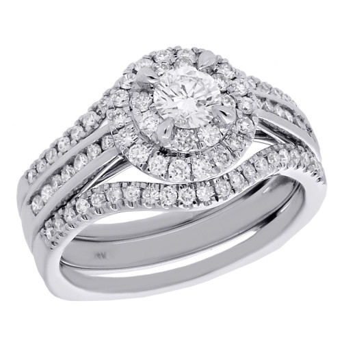 14K White Gold Round Solitaire Diamond Halo 3 Piece Engagement Bridal Set 1 Ct.