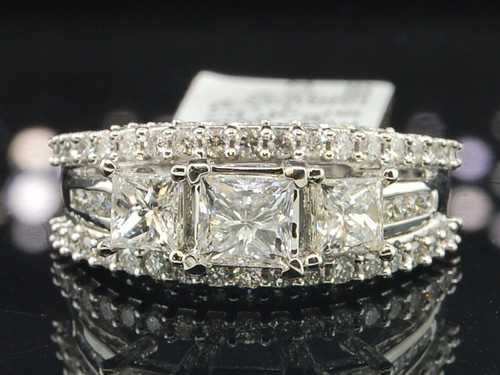 3 Stone Diamond Engagement Ring 14K White Gold Princess & Round Cut 2.23 Ct