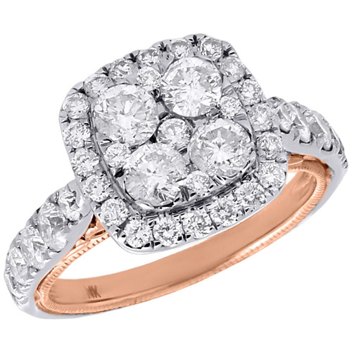 anillo de compromiso de diamantes en oro blanco y rosa de 14k con halo cuadrado de estilo antiguo de 2 qt.
