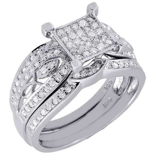 Diamond Bridal Set .925 Sterling Silver Antique Filigree Engagement Ring 0.57 Ct