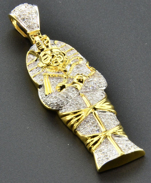 Diamond Egyptian Pharaoh King Tut Mummy Pendant Sterling Silver Charm 0.65 Ct.