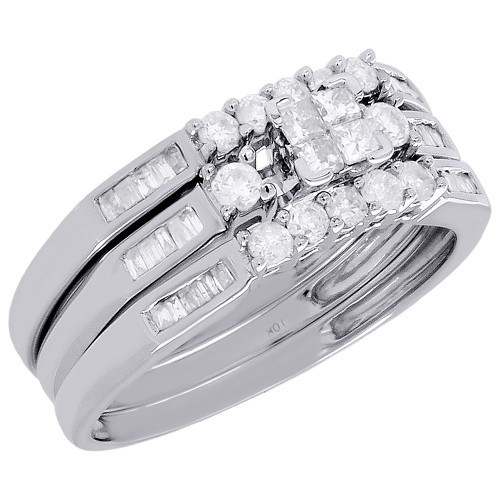 bague de mariage en or blanc 10 carats avec diamants taille princesse, ensemble de 3 pièces, 0,60 ct