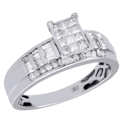 Diamond Engagement Ring 10K White Gold Princess Round Baguette 1/2 Ct