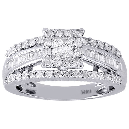 Diamond Wedding Ring 14K White Gold Solitaire Princess Engagement Halo 1.05 Tcw.