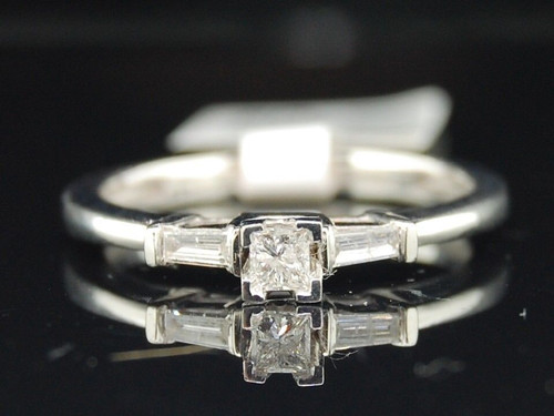 Princess Solitaire Diamond Engagement Ring 14K White Gold Baguette Cut 0.19 Ct