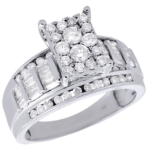 10K White Gold Round & Baguette Genuine Diamond Ladies Engagement Ring 0.90 Ct.