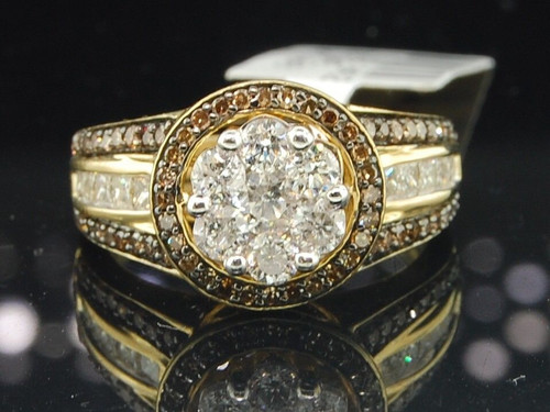 Brown Diamond Flower Engagement Ring 10K Yellow Gold Round Princess Cut 1.39 Ct