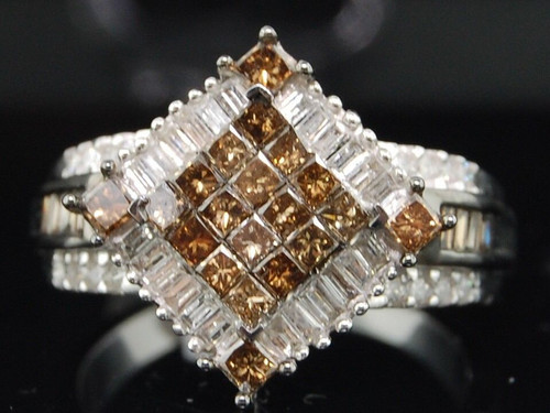 Brauner Diamant-Quadrat-Cocktail-Ring für die rechte Hand, 10 Karat Weißgold, Prinzessschliff, 1,5 ct