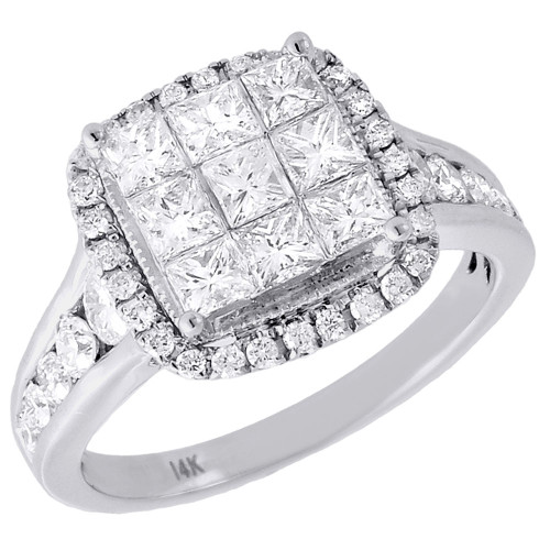 Diamond Engagement Ring Ladies 14K White Gold Square Halo Design 1.51 Tcw.