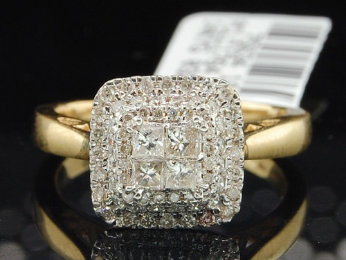 Diamond Engagement Ring Quad Princess Cut Halo 14K Yellow Gold 0.52 Ct