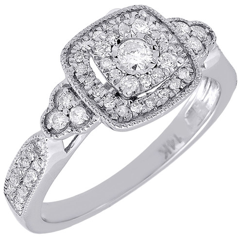 Bague de fiançailles en diamant pour femme, solitaire en or blanc 14 carats, halo texturé 0,35 tcw.