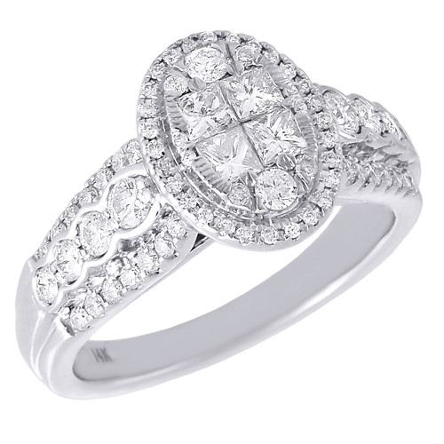 Diamond Oval Engagement Ring Ladies 14K White Gold Princess Cut Design 1 Tcw.