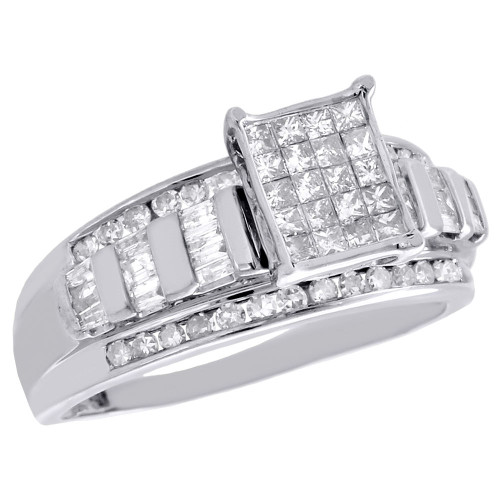 Princess Diamond Engagement Ring .925 Sterling Silver Round & Baguette Cut 1 Ct.