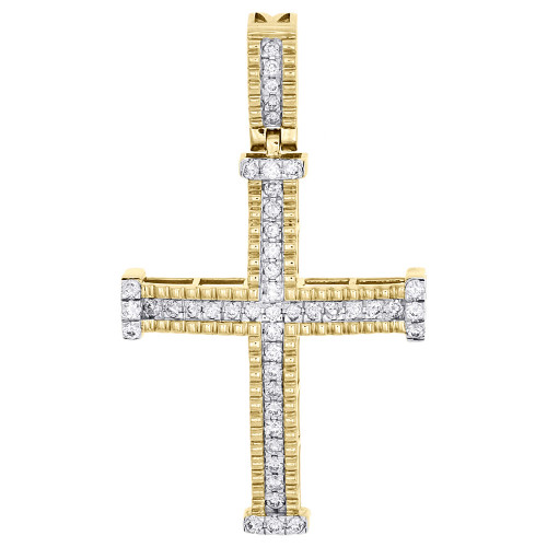 10K Yellow Gold Real Diamond 1 Row Cross Pendant Fluted Bezel Edge 2" Charm 1 CT