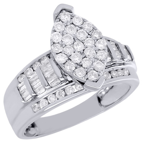 10K White Gold Baguette Diamond Marquise Cluster Ladies Wedding Ring 1 Ct.