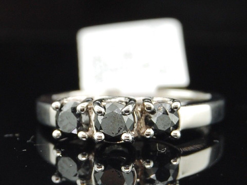 Set di fedi nuziali da donna con anello di fidanzamento in oro bianco 14k da 1 ct con 3 pietre di diamanti neri