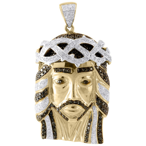 Ciondolo pezzo di Gesù con autentico diamante nero, pendente in oro giallo 10k da 1,50 pollici, 1,25 ct.
