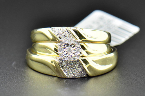 Diamond Trio Set His Hers Matching Engagement Ring Wedding Band 10K Yellow Gold